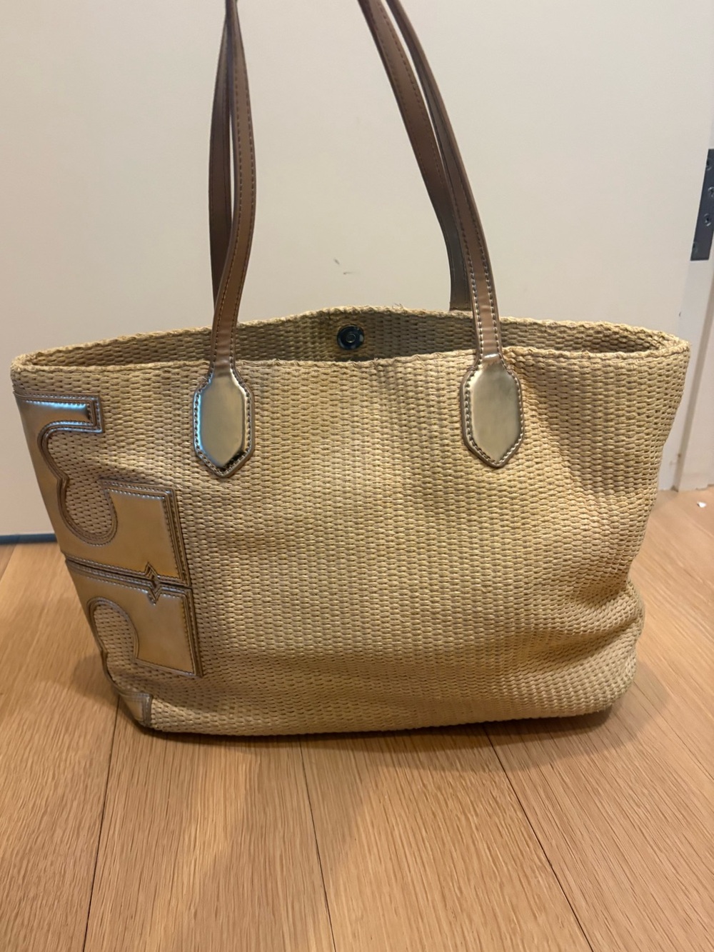 Tory Burch Woven Straw Tote Bag with Tan Leather Handles